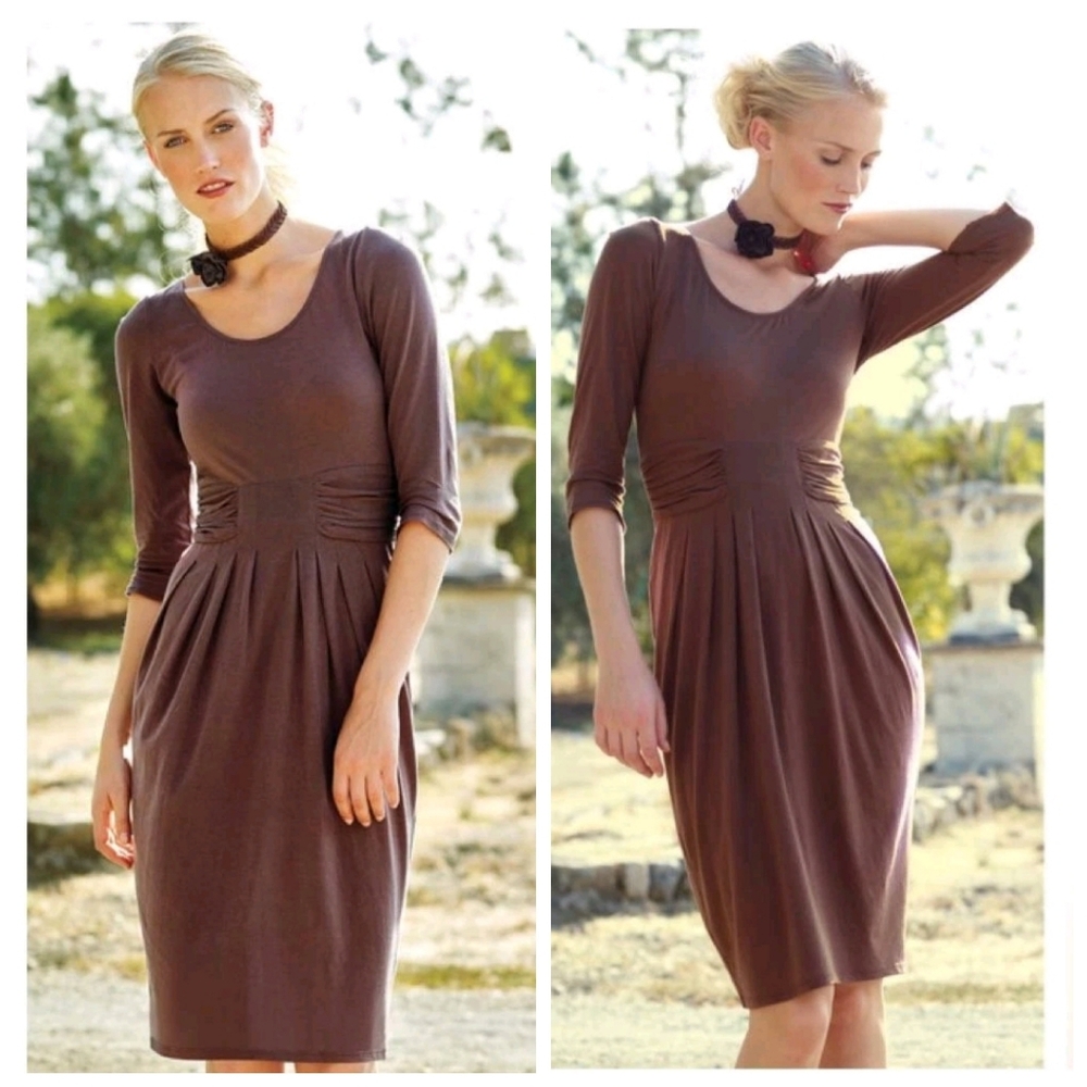 Peruvian Connection Black Gathered Ruched Waist 3/4 Sleeve Dress Pima Sz M Flaw